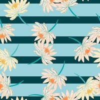 Random seamless pattern with white colored daisy flowers elements. Blue striped background. Nature backdrop. vector