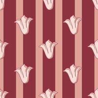 Decorative seamless pattern with abstract tulip bud shapes print. Maroon and pink striped background. vector