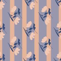 Bloom nature seamless pattern with simple flowers silhouettes ornament. Purple striped background. vector