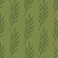 Leaf twigs doodle seamless pattern in abstract foliage style. Green background. Decorative ornament. vector