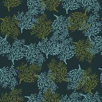 Random green and blue bush seamless pattern in hand drawn style. Dark background. Natural season. vector