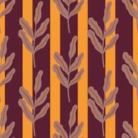 Autumn tones seamless pattern with botanic leaves on branches print. Striped maroon and orange background. vector