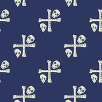 contraste de patrones sin fisuras con simples calaveras piratas y siluetas de huesos. estampado de terror con fondo azul marino. vector