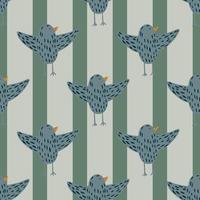 Contoured dashes birds ornament seamless pattern in doodle style. Striped grey and green background. vector