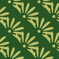 Bloom geometric seamless pattern with light daisy flowers elements. Green background. Garden floral print. vector