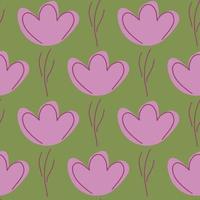 Decorative seamless pattern with pink outline flowers shapes. Green background. Hand drawn style. vector