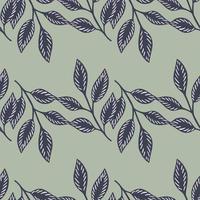 Foliage print seamless pattern with navy blue leaves branches ornament. Grey background. vector