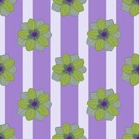 Hand drawn green anemone buds seamless flower pattern. Purple striped background. Decorative botany print. vector