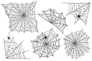 Set spider web isolated on white background. Spooky Halloween cobwebs with spiders. vector