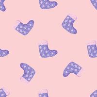 Random seamless pattern with hand drawn wool blue winter shoes ornament. Pink background. vector