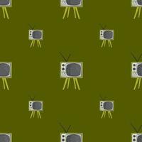 Video tv set seamless pattern. Hand drawn technics in grey tones on green olive background. vector