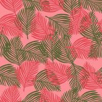 Palm fern leaves shapes seamless pattern in doodle style. Pink pastel background. Random foliage print. vector