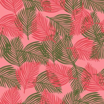 Palm fern leaves shapes seamless pattern in doodle style. Pink pastel background. Random foliage print.