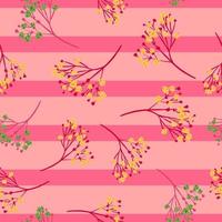 Random seamless pattern with hand drawn yellow and green colored gypsohila print. Pink striped background. vector