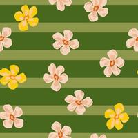 Abstract random daisy flowers print seamless pattern in pink and yellow tones. Green striped background. vector