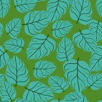 Bright turquoise random palm monstera leaf ornament seamless pattern. Bright green background. vector