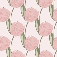 Hand drawn bloom seamless pattern with pink colored tulip flowers print. Light background. Hand drawn ornament. vector