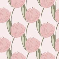 Hand drawn bloom seamless pattern with pink colored tulip flowers print. Light background. Hand drawn ornament. vector