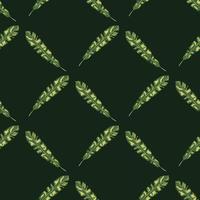 Abstract seamless pattern with green geometric botany tropic leaves print. Black background. Simple style. vector