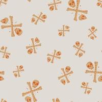 Random seamless doodle pattern with orange skulls and bones simple print. Grey light background. vector