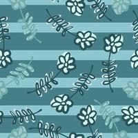 Random seamless pattern with contoured wild flowers ornament. Blue striped background. vector