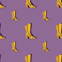 Bright cartoon seamless pattern with yellow shoes fashion print. Purple background. Style artwork. vector