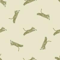 Seamless animal pattern in minimalistic style with wild jumping tiger ornament. Light beige background. vector