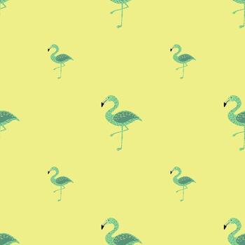 Minimalistic style seamless doodle pattern with green colored flamingo abstract shapes. Yellow background. vector