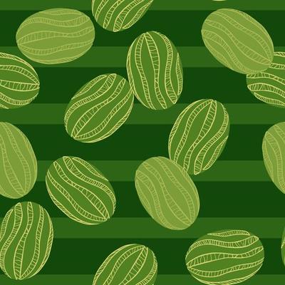 Random vitamin seamless pattern with hand drawn watermelon elements. Green striped background.
