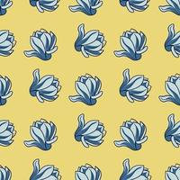 Las flores de magnolia de color azul dan forma a un patrón sin costuras en estilo garabato. fondo amarillo claro. vector