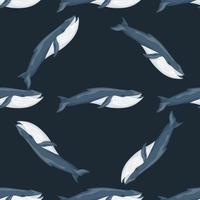 Seamless pattern Blue whale on black background. Template of cartoon character of ocean for fabric. vector