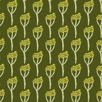 Yellow little yarrow plants seamless doodle pattern. Green background. Natural meadow artwork. Simple print. vector