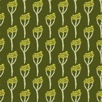 Yellow little yarrow plants seamless doodle pattern. Green background. Natural meadow artwork. Simple print. vector