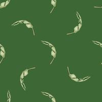 Minimalistic seamless pattern with random small white tropic palm leaves. Green background. vector