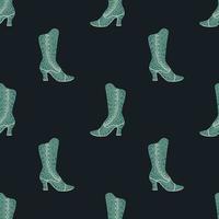 Minimalistic dark seamless pattern with turquoise light boots. Navy blue background. vector