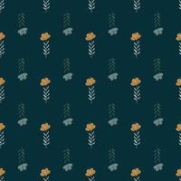 Plants seamless pattern with decorative outline orange flower silhouettes. Navy blue background. vector