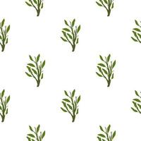 Isolated minimalistic botanic seamless pattern with green foliage branches. Simple leaves silhouettes. vector