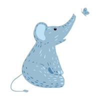 Elephant sitting with butterfly isolated on white background. Funny cartoon character color blue in doodle style. vector