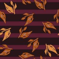 Autumn leaf branches seamless doodle pattern in orange colors. Purple striped background. vector