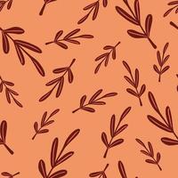 Random seamless pattern with maroon lfoliage silhouette twigs. Coral background. vector