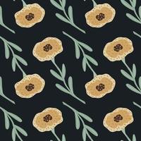 Conrast nature seamless pattern with pale beige flowers silhouettes. Dark background. vector