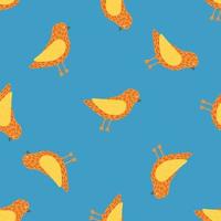 Bright cartoon seamless pattern with orange and yellow colored birds shapes. Blue background. vector