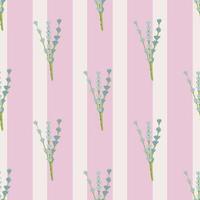 Hand drawn seamless pattern with hand drawn blue lavender ornament. Pink striped background. vector