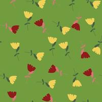 Yellow and pink random flowers shapes seamless pattern. Summer decorative print with green background. vector