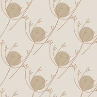 Herbal seamless pattern with beige contoured meadow flowers ornament. Grey background. Nature print.