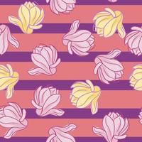 Decorative seamless pattern with random pink and yellow magnolia flowers shapes. Striped background. vector