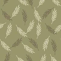 Foliage simple style seamless pattern with beige and white leaf twigs random print. Pale green background. vector