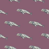 Seamless pattern with gray whale on violet background. Template of cartoon character of ocean for fabric. vector