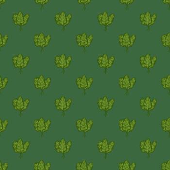 Seamless pattern bunch spinach salad on teal background. Minimalistic ornament with lettuce. vector