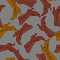 Seamless random pale fall style ornament boots pattern. Maroon and ocher fashion silhouettes on grey background. vector